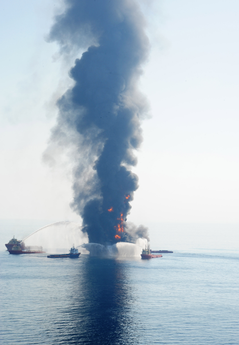 GULF OF MEXICO - APRIL 21: Fire boats battle a fire n off shore oil rig Deepwater Horizon April 21, 2010 in the Gulf of Mexico off the coast of Louisiana. Multiple Coast Guard helicopters, planes and cutters responded to rescue the Deepwater Horizons 126 person crew after an explosion and fire caused the crew to evacuate. (Photo by U.S. Coast Guard via Getty Images)